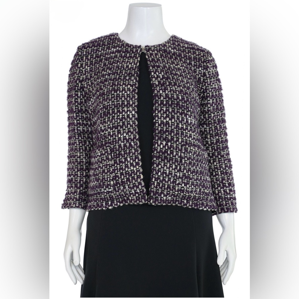 St. John Couture Purple & White Bouclé Tweed Knit Open Front Jacket Size 4‎